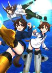  animal_ears aohashi_ame blue_neckwear blue_shirt brave_witches brown_eyes brown_hair closed_mouth commentary_request day dog_ears flying hair_ornament hair_ribbon hairclip highres karibuchi_hikari karibuchi_takami long_hair long_sleeves looking_at_viewer miyafuji_yoshika multiple_girls neckerchief ocean one-piece_swimsuit open_mouth ribbon sailor school_swimsuit school_uniform serafuku shirt short_hair siblings sisters sky smile strike_witches striker_unit swimsuit swimsuit_under_clothes white_ribbon white_shirt world_witches_series 