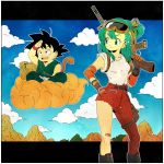  1boy 1girl :d aqua_eyes aqua_hair bag bandage black_eyes black_hair blue_sky boots border bulma carrying cloud cloudy_sky day denim dougi dragon_ball dragon_ball_(classic) expressionless floating flying_nimbus gloves goggles goggles_on_head gun hand_on_hip hand_on_own_face happy highres jeans legs_crossed letterboxed looking_away mountain open_mouth outdoors over_shoulder pants rock shirt short_hair sitting sky sleeves_rolled_up smile son_gokuu spiked_hair spread_legs standing tail teeth toritoki_(trig_tkdb) torn_clothes tree upper_teeth weapon weapon_over_shoulder white_border white_shirt wristband 
