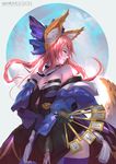  animal_ears bare_shoulders bow cglas detached_collar fan fate/extra fate/grand_order fate_(series) hair_bow hand_on_own_chest highres looking_to_the_side pink_hair realistic solo tail tamamo_(fate)_(all) tamamo_no_mae_(fate) wind yellow_eyes 