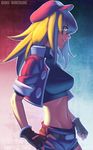  bike_shorts blonde_hair breasts gloves groin hat long_hair medium_breasts midriff navel older red_shorts rockman rockman_dash rog_rockbe roll_caskett shorts smile solo 