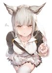  :t alternate_costume animal_ears bangs bent_over between_breasts blunt_bangs breasts cat_ears erune feathers frown granblue_fantasy hana_mori highres korwa long_hair pout silver_hair skirt solo strap_cleavage sulking tears thighhighs zettai_ryouiki 