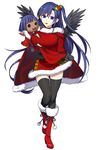 black_gloves black_legwear black_wings blue_eyes blue_hair boots bow feathered_wings full_body fur-trimmed_boots fur_trim gloves hair_bow hand_puppet highres knee_boots long_hair looking_at_viewer one_side_up plaid plaid_skirt puppet red_footwear santa_boots santa_costume simple_background skirt skirt_lift solo thighhighs umube white_background wings youkai_hyakki-tan! 