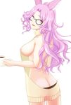  :3 :d animal_ears areola_slip areolae backless_outfit bangs bare_arms bare_back bare_shoulders bespectacled black-framed_eyewear black_panties breasts butt_crack catherine_(granblue_fantasy) coffee_mug collarbone commentary_request covered_nipples cowboy_shot cup curly_hair eyelashes glasses granblue_fantasy hair_intakes half-closed_eyes halter_top halterneck head_tilt high_ponytail highres holding large_breasts long_hair looking_at_viewer looking_back meme_attire mug open_mouth panties parted_bangs pince-nez ponytail purple_eyes purple_hair ribs sideboob sidelocks simple_background smile solo standing sweater thighs turtleneck turtleneck_sweater underwear virgin_killer_sweater white_background yellow_sweater 