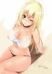  areolae arm_support atago_(kantai_collection) blonde_hair blue_eyes breasts cleavage covered_nipples from_above kantai_collection large_breasts long_hair looking_at_viewer nipples one_eye_closed sakiryo_kanna see-through shiny shiny_skin sitting solo 