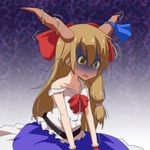  bags_under_eyes blonde_hair bow cato_(monocatienus) collarbone commentary d: dark_background empty_eyes flat_chest hair_bow hair_ribbon horn_ribbon horns ibuki_suika large_bow long_skirt off_shoulder open_mouth ribbon skirt solo touhou trembling tress_ribbon turn_pale wrist_cuffs yellow_eyes 