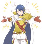  :d alfonse_(fire_emblem) armor belt blonde_hair blue_hair blush cape closed_eyes eyebrows_visible_through_hair fire_emblem fire_emblem_heroes flying_sweatdrops gradient_hair male_focus multicolored_hair open_mouth outstretched_arms pauldrons short_eyebrows simple_background smile solo white_background yurige 