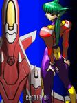  90s alternate_hair_length ass bangs bodysuit eyebrows_visible_through_hair green_hair hands_on_thighs jet looking_back narrow_waist pilot purple_bodysuit sengeki_striker skin_tight thick_thighs toned 