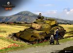  black_hair brown_hair caterpillar_tracks commentary ground_vehicle gun highres machine_gun military military_vehicle motor_vehicle mountain multiple_girls nogami_takeshi official_art rice_paddy school_uniform tank type_61_(tank) wargaming_japan weapon world_of_tanks 