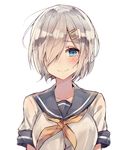  blue_eyes blush breasts commentary hair_ornament hair_over_one_eye hairclip hamakaze_(kantai_collection) kantai_collection kvlen large_breasts looking_at_viewer neckerchief school_uniform serafuku short_hair short_sleeves silver_hair smile solo upper_body yellow_neckwear 