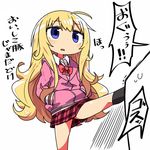  blonde_hair blue_eyes commentary_request gabriel_dropout hands_in_pockets hood hoodie kanikama kicking kneehighs long_hair lowres plaid plaid_skirt school_uniform simple_background skirt solo tenma_gabriel_white translated very_long_hair white_background 