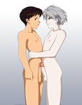  2boys arm_around_waist brown_eyes brown_hair erection grey_hair ikari_shinji multiple_boys multiple_penises nagisa_kaworu neon_genesis_evangelion neon_genesis_evangelion_(manga) nude penis penises_touching red_eyes s2x smile sweat testicles uncensored yaoi 