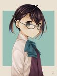  black_hair blue-framed_eyewear bow bowtie brown_hair dress dress_shirt glasses green_eyes highres kantai_collection looking_at_viewer miroku_san-ju multicolored_hair okinami_(kantai_collection) school_uniform shirt short_hair signature solo upper_body white_shirt 