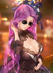  adjusting_hair alternate_costume black_dress black_ribbon blurry bokeh breasts cleavage depth_of_field dress evening_gown fate/grand_order fate/stay_night fate_(series) flower hair_flower hair_ornament highres large_breasts light_particles long_hair meme purple_eyes purple_hair ribbon rider salt_bae_(meme) smile solo sunglasses very_long_hair yang-do 