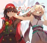  :t ;d ahoge armpits artist_name bangs bare_arms bare_shoulders belt belt_buckle black_bow black_coat black_hair blonde_hair bow brown_eyes buckle buttons cape double-breasted face_punch fate_(series) gloves green_ribbon hair_bow hand_on_another's_face hand_on_another's_head hat head_tilt in_the_face japanese_clothes kimono koha-ace long_hair long_sleeves looking_at_viewer multiple_girls namie-kun obi oda_nobunaga_(fate) okita_souji_(fate) okita_souji_(fate)_(all) one_eye_closed open_mouth outstretched_arm punching purple_bow purple_scarf pushing_away red_cape red_eyes red_hat ribbon sash scarf sleeveless sleeveless_kimono smile tareme two-tone_background v v-shaped_eyebrows very_long_hair white_bow white_gloves 