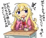  blonde_hair commentary_request desk gabriel_dropout kanikama long_hair messy_hair open_mouth school_desk school_uniform simple_background sitting solo table tenma_gabriel_white translated white_background 