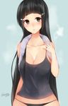  alternate_hair_length alternate_hairstyle bangs bare_arms bare_shoulders black_eyes black_hair black_panties blunt_bangs blush breasts hair_down kantai_collection large_breasts lips long_hair myoukou_(kantai_collection) panties parted_lips sakiryo_kanna shiny shiny_skin simple_background solo tank_top thighs towel towel_around_neck underwear upper_body very_long_hair 
