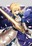 absurdres ahoge armor armored_dress artoria_pendragon_(all) bangs blonde_hair blue_dress blue_eyes blue_ribbon blush braid breastplate clenched_teeth cowboy_shot derivative_work dress excalibur eyebrows_visible_through_hair fate/stay_night fate_(series) faulds feathers french_braid gauntlets green_eyes hair_between_eyes hair_bun hair_ribbon haohe_buguo highres holding holding_sword holding_weapon juliet_sleeves long_sleeves looking_at_viewer open_mouth pink_lips puffy_long_sleeves puffy_sleeves ribbon saber short_hair sidelocks solo standing sword teeth weapon 