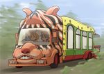  :d animal_ears backpack bag bus commentary_request fuji_safari_park ground_vehicle hat hat_feather helmet japari_bus kaban_(kemono_friends) kemono_friends lucky_beast_(kemono_friends) motor_vehicle multiple_girls ogry_ching open_mouth pith_helmet serval_(kemono_friends) serval_ears serval_print smile takuya_(acceed) 