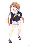  brown_hair full_body hand_on_hip island_(game) kurutsu_karen kuuchuu_yousai long_hair long_sleeves looking_at_viewer official_art purple_eyes shoes short_shorts shorts simple_background smile sneakers solo twintails white_background 