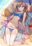  abs arashio_(kantai_collection) asdj barefoot basketball beach bikini blue_bikini bottle brown_eyes brown_hair garter_belt highres kantai_collection long_hair looking_at_viewer lotion lying parted_lips pillow solo sunscreen swimsuit thighhighs white_legwear 