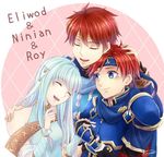  2boys armor bare_shoulders blue_armor blue_hair circlet closed_eyes collar dress eliwood_(fire_emblem) embarrassed family father_and_son fire_emblem fire_emblem:_fuuin_no_tsurugi fire_emblem:_rekka_no_ken fire_emblem_heroes headband hetero holding_hands hug husband_and_wife kazame long_hair mamkute mother_and_son multiple_boys ninian pauldrons red_hair roy_(fire_emblem) short_hair smile strapless strapless_dress very_long_hair 