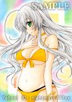  acrylic_paint_(medium) ahoge bikini bracelet choker cowboy_shot front-tie_top green_eyes haiyore!_nyaruko-san huge_ahoge jewelry layered_bikini long_hair nightmare77zx nyarlathotep_(nyaruko-san) sample silver_hair solo swimsuit traditional_media yellow_bikini yellow_choker 