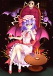  &gt;:) book breasts brown_eyes candle candlestand chair closed_mouth collared_dress creature cup demon_wings dress drinking_glass eyebrows_visible_through_hair fang fang_out fire flower frilled_legwear frilled_sleeves frills full_body hair_between_eyes hat highres mob_cap nail_polish nanairo_fuusen pink_dress puffy_short_sleeves puffy_sleeves purple_hair red_flower red_footwear red_nails red_rose remilia_scarlet rose shoes short_sleeves sitting skull small_breasts smile socks table touhou v-shaped_eyebrows vampire white_legwear wine_glass wings 