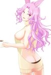  :3 :d animal_ears areola_slip areolae backless_outfit bangs bare_arms bare_back bare_shoulders black_panties breasts butt_crack catherine_(granblue_fantasy) coffee_mug collarbone commentary_request covered_nipples cowboy_shot cup curly_hair eyelashes glasses granblue_fantasy hair_intakes half-closed_eyes halter_top halterneck head_tilt high_ponytail highres holding large_breasts long_hair looking_at_viewer looking_back meme_attire mug open_mouth panties parted_bangs pince-nez ponytail purple_eyes purple_hair ribs sideboob sidelocks simple_background smile solo standing sweater thighs turtleneck turtleneck_sweater underwear virgin_killer_sweater white_background yellow_sweater 