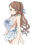  apron beatrix_(granblue_fantasy) blush breasts brown_eyes brown_hair granblue_fantasy hair_ribbon heart_apron lang_(chikage36) large_breasts long_hair looking_at_viewer naked_apron plaid ponytail ribbon simple_background smile solo standing sweat white_background 