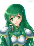  armor breastplate fire_emblem fire_emblem:_monshou_no_nazo fire_emblem:_shin_ankoku_ryuu_to_hikari_no_tsurugi fire_emblem:_shin_monshou_no_nazo fire_emblem_gaiden green_eyes green_hair hanasaki_komugi headband long_hair looking_at_viewer paola pauldrons simple_background smile solo white_background 