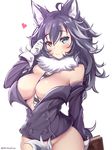  animal_ears bare_shoulders between_breasts between_legs black_hair black_neckwear blue_eyes blush book bottomless breasts closed_mouth cowboy_shot fur_collar grey_hair grey_wolf_(kemono_friends) hand_in_hair heart heterochromia highres kanachirou kemono_friends large_breasts long_hair looking_at_viewer multicolored_hair necktie necktie_between_breasts notebook off_shoulder orange_eyes simple_background sketch smile solo tail tail_between_legs twitter_username two-tone_hair white_background wolf_ears wolf_tail 