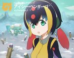  :o bangs black_hair blonde_hair blurry character_name chill_penguin depth_of_field eyebrows_visible_through_hair green_eyes hair_between_eyes headphones japari_symbol kemono_friends long_hair looking_at_viewer mountain multicolored_hair onodera_(einsatz) open_mouth personification red_hair robot rockman rockman_x snow solo twintails upper_body zipper 