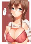  bangs bra braid breasts brown_hair casual collarbone green_eyes kantai_collection large_breasts lifted_by_self long_hair long_sleeves looking_at_viewer noshiro_(kantai_collection) parted_lips red_bra ribbed_shirt sakiryo_kanna shirt shirt_lift solo swept_bangs translated twin_braids underwear white_shirt 