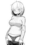  bangs blush breasts denim eyebrows_visible_through_hair glasses greyscale heart heart-shaped_pupils jeans ken_(koala) looking_at_viewer medium_breasts monochrome open_mouth original panties pants short_hair simple_background smile solo sweater symbol-shaped_pupils turtleneck turtleneck_sweater underwear undressing white_background 