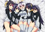  animal_ears bed_sheet black_hair blush breasts brown_eyes commentary_request covered_navel dorumam emperor_penguin_(kemono_friends) from_above gentoo_penguin_(kemono_friends) girl_sandwich hair_between_eyes hair_over_one_eye headphones highleg highres hood hoodie hug humboldt_penguin_(kemono_friends) jacket kemono_friends large_breasts leotard long_hair looking_at_viewer lying medium_breasts multicolored_hair multiple_girls on_back on_side open_clothes open_mouth penguins_performance_project_(kemono_friends) pleated_skirt red_eyes rockhopper_penguin_(kemono_friends) royal_penguin_(kemono_friends) sandwiched short_hair skirt smile thighhighs twintails twitter_username white_hair white_legwear white_leotard white_skirt 