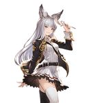  animal_ears bangs belt breasts brown_eyes detached_sleeves erune feathers granblue_fantasy jacket korwa long_hair looking_at_viewer medium_breasts minaba_hideo official_art open_clothes open_jacket quill school_uniform silver_hair skirt smile solo thighhighs transparent_background white_legwear zettai_ryouiki 