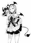  1girl bar bare_shoulders detached_sleeves dimension_w dress elizabeth_greenhough-smith flat_chest frills grin hair_ornament hairband long_hair monochrome open_mouth tail wings 