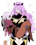  2girls ahoge armor berka_(fire_emblem_if) black_armor black_panties boots breasts camilla_(fire_emblem_if) capelet carrying cleavage closed_eyes expressionless fire_emblem fire_emblem:_kakusei fire_emblem_if hair_over_one_eye highres knee_boots large_breasts long_hair luna_(fire_emblem_if) motherly multiple_girls open_mouth panties princess_carry selena_(fire_emblem) simple_background smile thigh_boots thighhighs thighs torisudesu twintails underwear 
