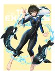  ahoge aqua_eyes barefoot black_hair breasts commentary_request diving_suit full_body highres index_finger_raised looking_at_viewer masami_chie official_art orca parted_lips short_hair small_breasts smile teeth tokyo_exe_girls wetsuit 