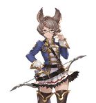  adjusting_eyewear animal_ears bag bangs belt bow_(weapon) breasts brown_hair detached_sleeves erune glasses granblue_fantasy grey_eyes hair_ornament hairclip hand_on_hip jacket looking_at_viewer medium_breasts minaba_hideo mole mole_under_mouth official_art quiver school_uniform serious skirt solo sutera_(granblue_fantasy) thighhighs transparent_background weapon zettai_ryouiki 