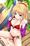  bikini blonde_hair braid breasts cameltoe cleavage collarbone covered_nipples fate/apocrypha fate/grand_order fate_(series) front-tie_bikini front-tie_top green_eyes hair_ornament highres jacket large_breasts long_hair mordred_(fate)_(all) mordred_(swimsuit_rider)_(fate) navel outdoors palm_tree ponytail prydwen red_bikini rip@lip side-tie_bikini sitting solo surfboard swimsuit tree 