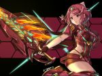 1girl bangs breasts commentary_request earrings fire gem gloves headpiece homura_(xenoblade_2) jewelry kouno_(uiyoyo199) large_breasts legs nintendo pose red_eyes red_hair short_hair shoulder_armor solo swept_bangs sword thigh_strap tiara weapon x xenoblade_(series) xenoblade_2 