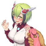  1girl blush breasts dimension_w green_eyes green_hair hair_ornament multicolored_hair open_mouth short_hair vest yurizaki_mira 