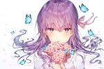  1girl artist_name bangs blush bouquet bug butterfly commentary_request crying crying_with_eyes_open eyebrows_visible_through_hair fate/stay_night fate_(series) floating_hair flower hair_between_eyes hair_ribbon heaven&#039;s_feel heterochromia highres holding holding_bouquet insect long_hair looking_at_viewer matou_sakura own_hands_together parted_lips petals pink_eyes pink_flower pink_ribbon purple_eyes purple_hair ribbon shirt simple_background solo taya_5323203 tears upper_body wavy_hair white_background white_shirt 