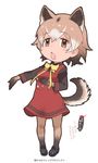  animal_ears black_hands brown_eyes character_name chestnut_mouth chibi dog_ears dog_tail dress full_body hair_between_eyes kemono_friends light_brown_hair neck_ribbon new_guinea_highland_wild_dog_(kemono_friends) official_art open_mouth original outstretched_arm pigeon-toed ribbon shoes short_hair solo standing tail translated watermark white_background yoshizaki_mine 