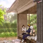  animal_ears architecture bandana bishounen black_hair bow brown_eyes brown_hair closed_eyes commentary_request cup east_asian_architecture fox_boy fox_ears hair_bow hirano_toushirou kogitsunemaru long_hair male_focus mikazuki_munechika multiple_boys sandals seiza sitting smile sunlight sunomata tabi touken_ranbu tray tree tsurumaru_kuninaga very_long_hair white_hair yunomi 