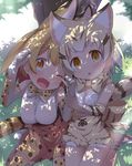  :o ;d animal_ears blush bow bowtie breasts cat_ears cat_tail commentary cross-laced_clothes day elbow_gloves fang gloves high-waist_skirt highres kemono_friends large_breasts looking_at_viewer makuran multiple_girls one_eye_closed open_mouth outdoors paw_pose sand_cat_(kemono_friends) serval_(kemono_friends) serval_ears serval_print serval_tail shirt sitting skirt sleeveless sleeveless_shirt smile striped_tail tail tareme tree tree_shade wariza 