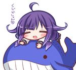  ahoge black_skirt check_translation closed_eyes heart kantai_collection komakoma_(magicaltale) lying on_stomach open_mouth pantyhose purple_hair skirt smile solo stuffed_whale taigei_(kantai_collection) translation_request 