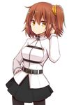  bangs belt black_skirt brown_hair closed_mouth cowboy_shot expressionless fate/grand_order fate_(series) fujimaru_ritsuka_(female) hair_between_eyes hair_ornament hair_scrunchie hand_in_hair hand_on_hip long_sleeves looking_at_viewer one_side_up orange_hair orange_scrunchie pantyhose quro_(black_river) scrunchie short_hair simple_background skirt solo white_background yellow_eyes 