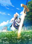  1girl ahoge armor armored_dress artoria_pendragon_(all) blonde_hair blue_sky breasts cloud dress excalibur eyebrows_visible_through_hair fate/stay_night fate_(series) floating_hair flower gauntlets grass green_eyes hair_ribbon hand_up highres outdoors ribbon ruins saber saber_(weapon) sky solo sword takeuchi_takashi tree weapon wind 